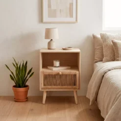 Comodino legno e corda di canapa (Alt 55 cm) Manille vano a giorno Beige