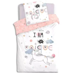 Copripiumino e una federa quadrata cotone (140 x 200 cm) Unicorno Rosa