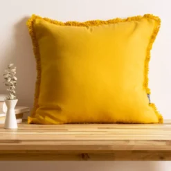 Cuscino quadrato in cotone (45 x 45 cm) Pixel con frange Giallo senape