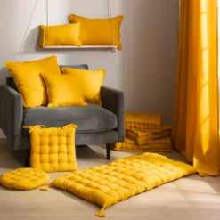 Cuscino rettangolare in cotone (40 x 60 cm) Pixel con frange Giallo senape