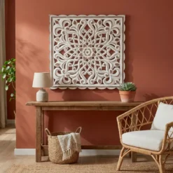 Decorazione murale in legno (L80 cm) Mandala Bianco patinato