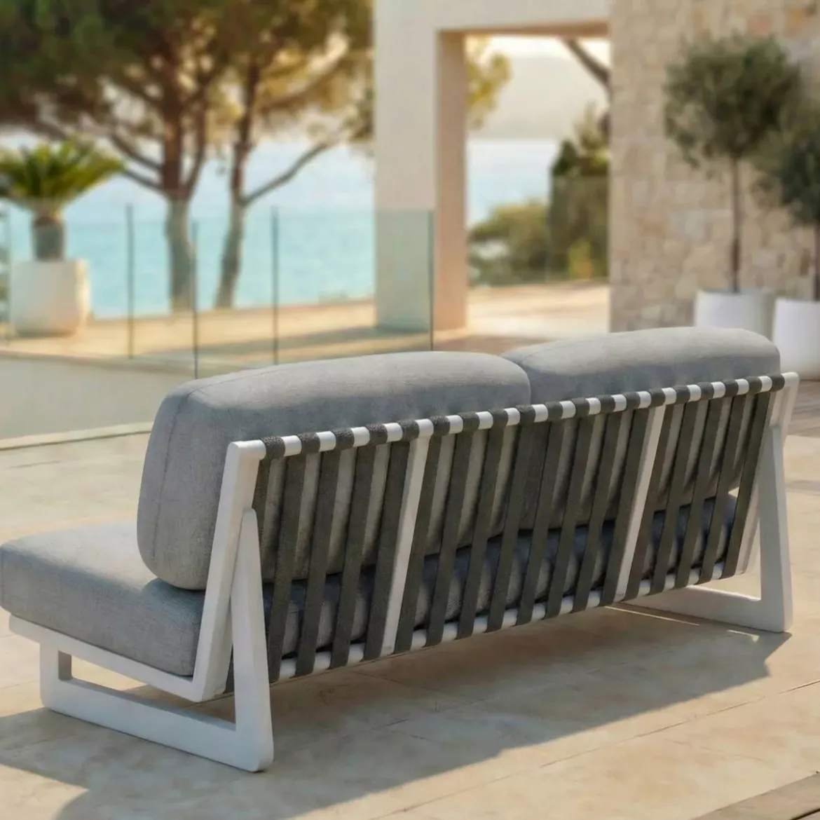 Divano da giardino in alluminio a 3 posti Long Beach Bianco cenere e grigio chiaro