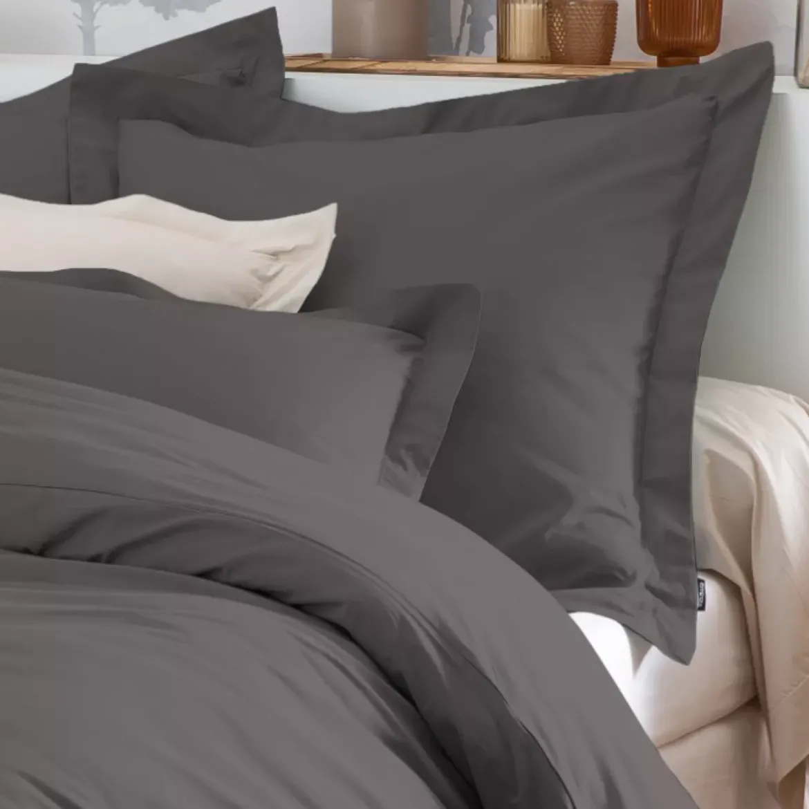Federa per cuscino quadrata in percalle di cotone (80 x 80 cm) Cali Grigio antracite
