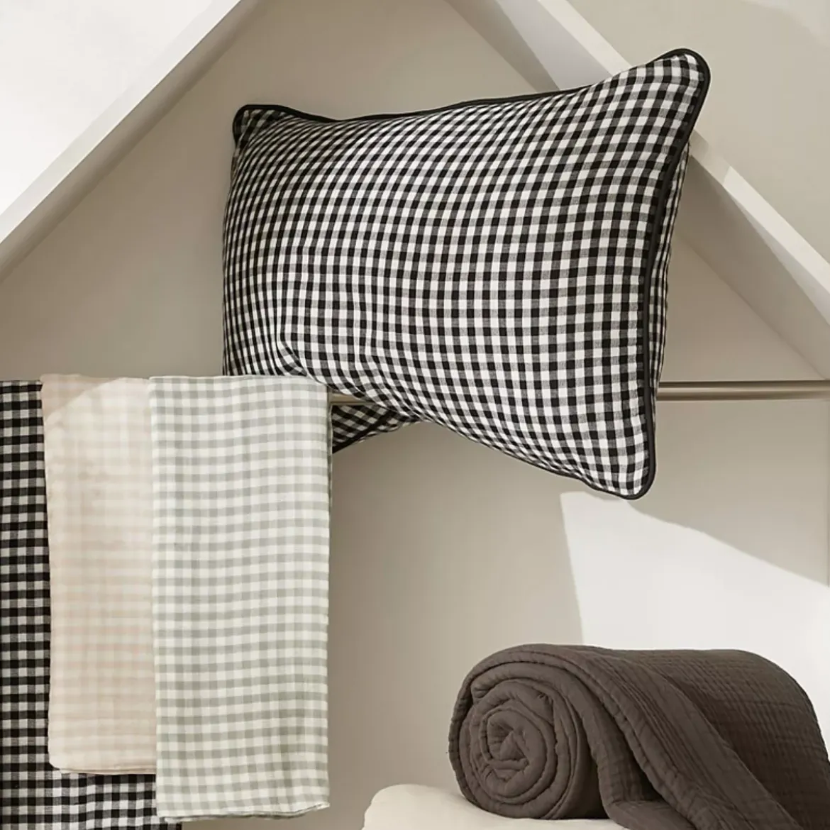 Federa Quadrata in garza di cotone (80 x 80 cm) Gaïa Vichy Beige