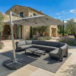 Ombrellone decentrato quadrato in alluminio con base (3 x 3 m) Elyra Metallico lucido e Grigio