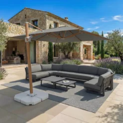 Ombrellone decentrato rettangolare in alluminio con base (3 x 4 m) Elyra effetto legno e Antracite