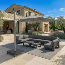 Ombrellone decentrato rettangolare in alluminio con base (3 x 4 m) Elyra Metallico lucido e Grigio