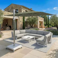 Ombrellone decentrato rettangolare in alluminio con base (3 x 4 m) Elyra Metallico lucido e Verde oliva