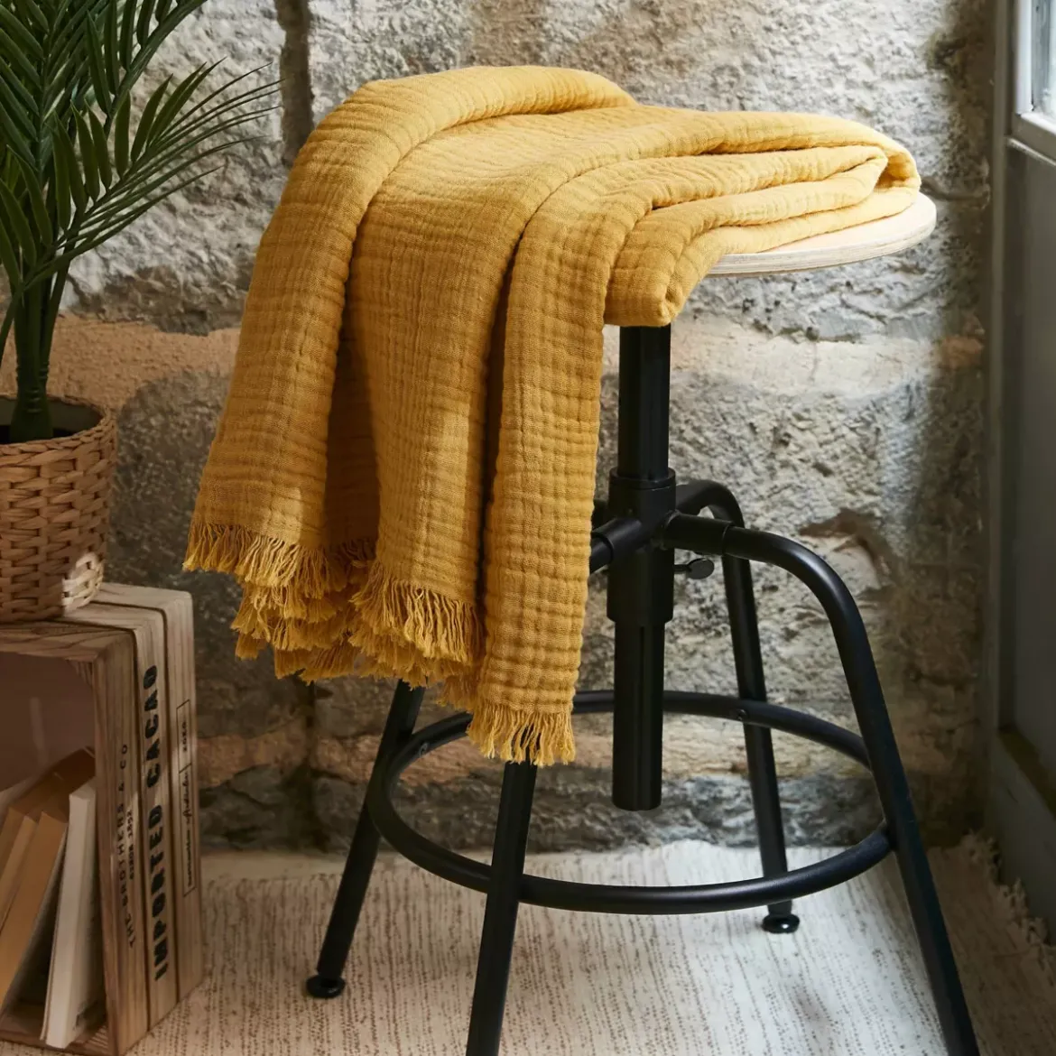 Plaid garza di cotone (160 cm) Gaïa Giallo zafferano