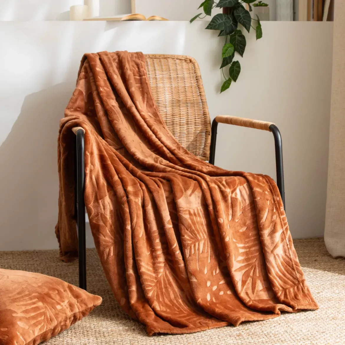 Plaid morbido in flanella (130 x 180 cm) Flore Rame