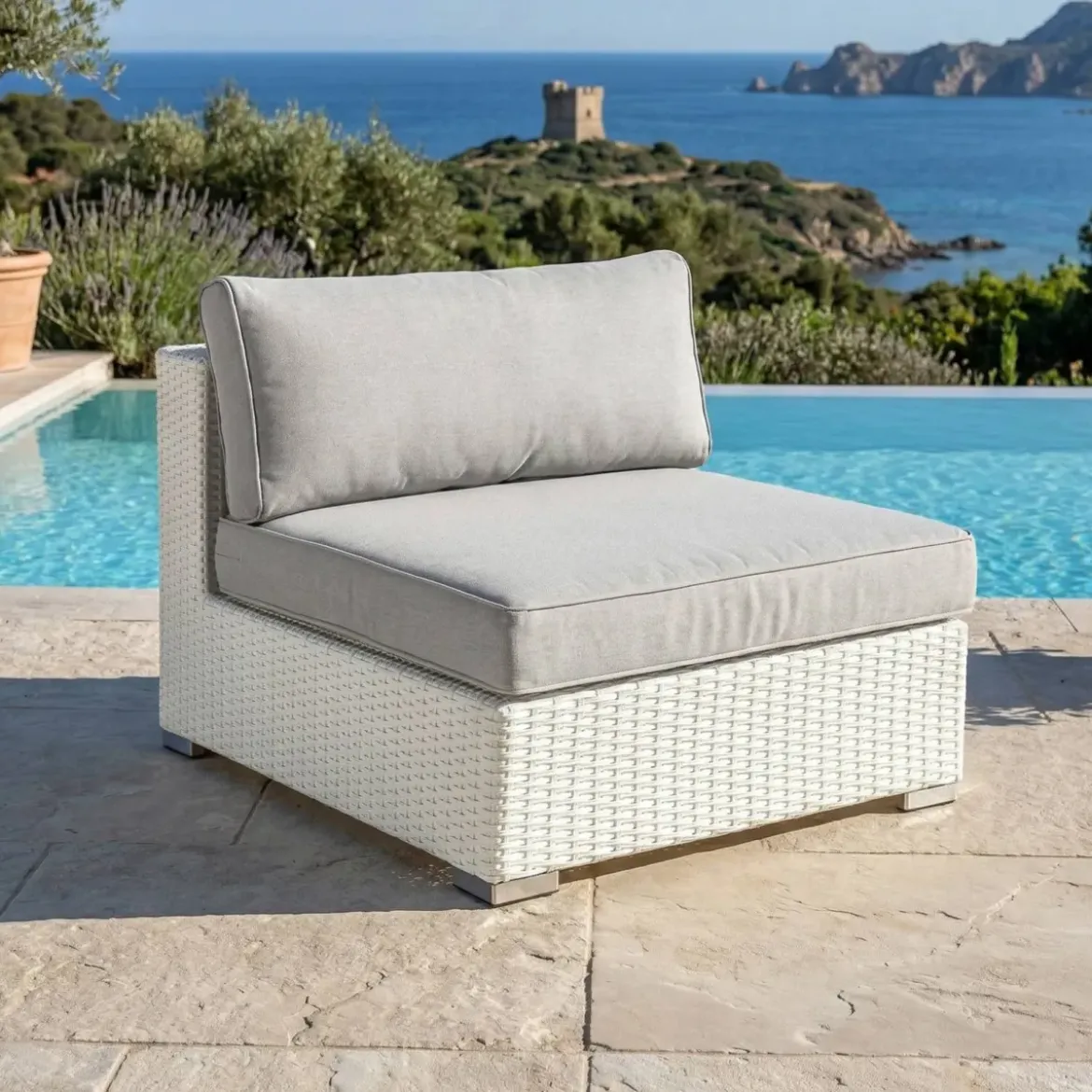 Poltrona da giardino senza braccioli in resina intrecciata Palma Bianco e grigio