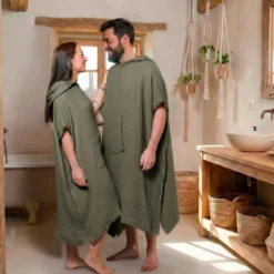 Poncho adulto in garza di cotone L/XL Gaïa Verde rosmarino