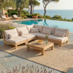 Salotto da giardino angolare in legno di acacia 6 posti 5 pezzi Bornéo Sabbia