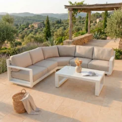 Salotto da giardino angolare alluminio 5 posti Elba Bianco e tortora