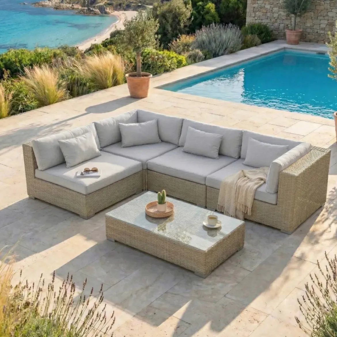 Salotto da giardino in resina intrecciata 4 posti 5 pezzi Palma Grigio