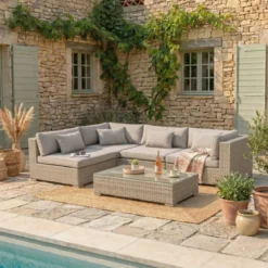Salotto da giardino in resina intrecciata 4 posti 5 pezzi Palma Grigio e tortora