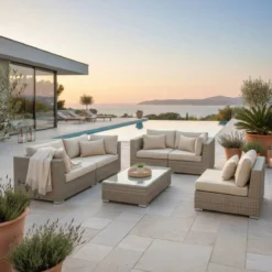 Salotto da giardino in resina intrecciata 5 posti 6 pezzi Palma Grigio e beige