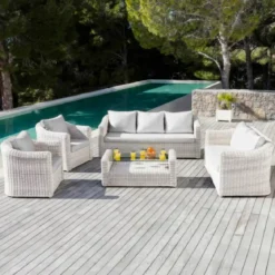 Salotto da giardino in resina intrecciata 7 posti 5 pezzi Calvi Bianco