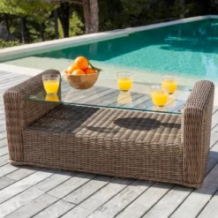 Salotto da giardino in resina intrecciata 4 posti 4 pezzi Calvi Seppia e tortora