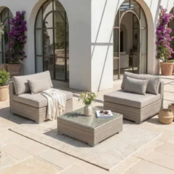 Salotto da giardino in resina intrecciata 2 posti 3 pezzi Palma Grigio e tortora