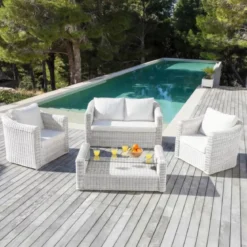 Salotto da giardino in resina intrecciata 4 posti 4 pezzi Calvi Bianco