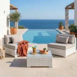 Salotto da giardino in resina intrecciata 2 posti 3 pezzi Palma Bianco e tortora