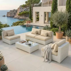 Salotto da giardino in resina intrecciata 4 posti 4 pezzi Palma Bianco e beige