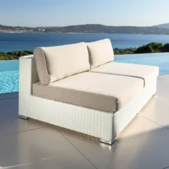 Salotto da giardino in resina intrecciata 4 posti 4 pezzi Palma Bianco e tortora