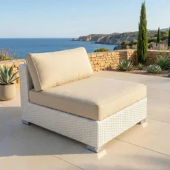 Salotto da giardino in resina intrecciata 4 posti 5 pezzi Palma Bianco e beige