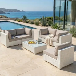 Salotto da giardino in resina intrecciata 5 posti 6 pezzi Palma Bianco e tortora
