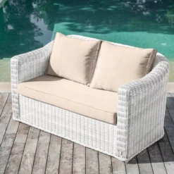 Salotto da giardino in resina intrecciata 7 posti 5 pezzi Calvi Bianco e tortora