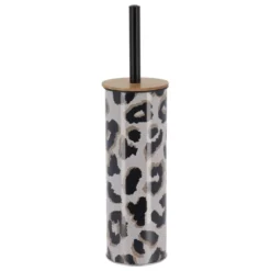 Scopino per WC con coperchio in metallo e acacia leopardata Serengeti Nero
