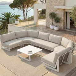 Set angolare da giardino in alluminio 6 posti Long Beach Bianco cenere e tortora
