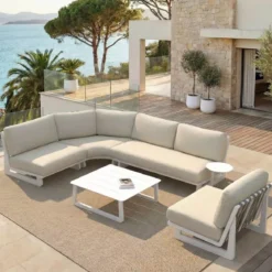 Set angolare da giardino in alluminio 5 posti 5 pezzi Long Beach Bianco cenere e beige