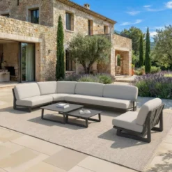 Set angolare da giardino in alluminio 6 posti 6 pezzi Long Beach Antracite e grigio chiaro