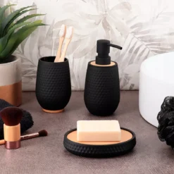 Set bicchiere distributore e porta sapone effetto nido d'ape Bania Nero