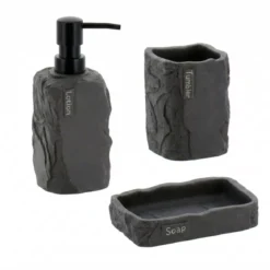 Set bicchiere distributore e porta sapone in poliresina effetto pietra Paola Nero