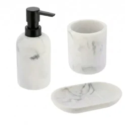 Set bicchiere, portasapone e distributore di sapone in poliresina effetto marmo Séma Bianco