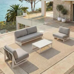 Set da giardino in alluminio 4 posti 4 pezzi Long Beach Bianco cenere e tortora