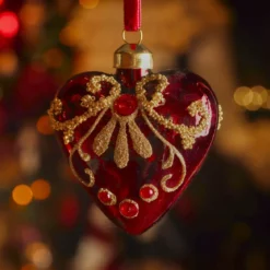 Set di 2 decorazioni natalizie in vetro (H8 cm) Cuori preziosi Bordeaux con glitter oro