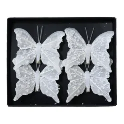 Set di 4 Farfalle su pinza (H8 cm) Scintillii e perle Bianco d'inverno