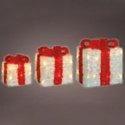 Set di 3 pacchi regalo nastro rosso a pile con luci Bianco caldo 65 LED