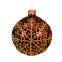 Set di 6 palline di Natale in vetro (D80 mm) Fiocco di neve glitterato Bordeaux