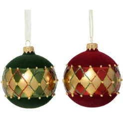 Set di 6 palline di Natale in vetro (D80 mm) Quadretti di velluto Bordeaux e verde abete