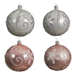 Set di 4 palline di Natale vetro (D100 mm) Floris Bianco e rosa