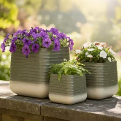 Set di 3 vasi da esterno quadrati (H49-37-27 cm) Jamie Grigio e beige