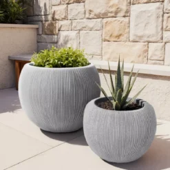 Set di 2 vasi da esterno rotondi (H41-30 cm) Lennox striati Grigio chiaro