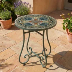 Tavolino rotondo in mosaico (H46 x D39 cm) Cancùn Verde salvia