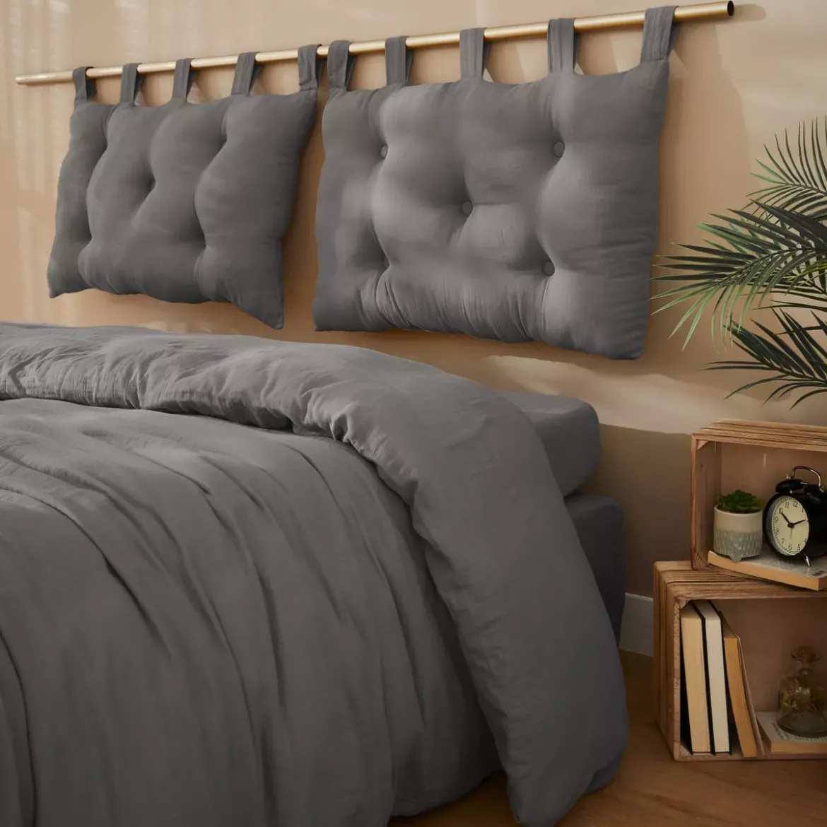 Testiera cuscino garza di cotone (80 x 50 cm) Gaïa Grigio granito