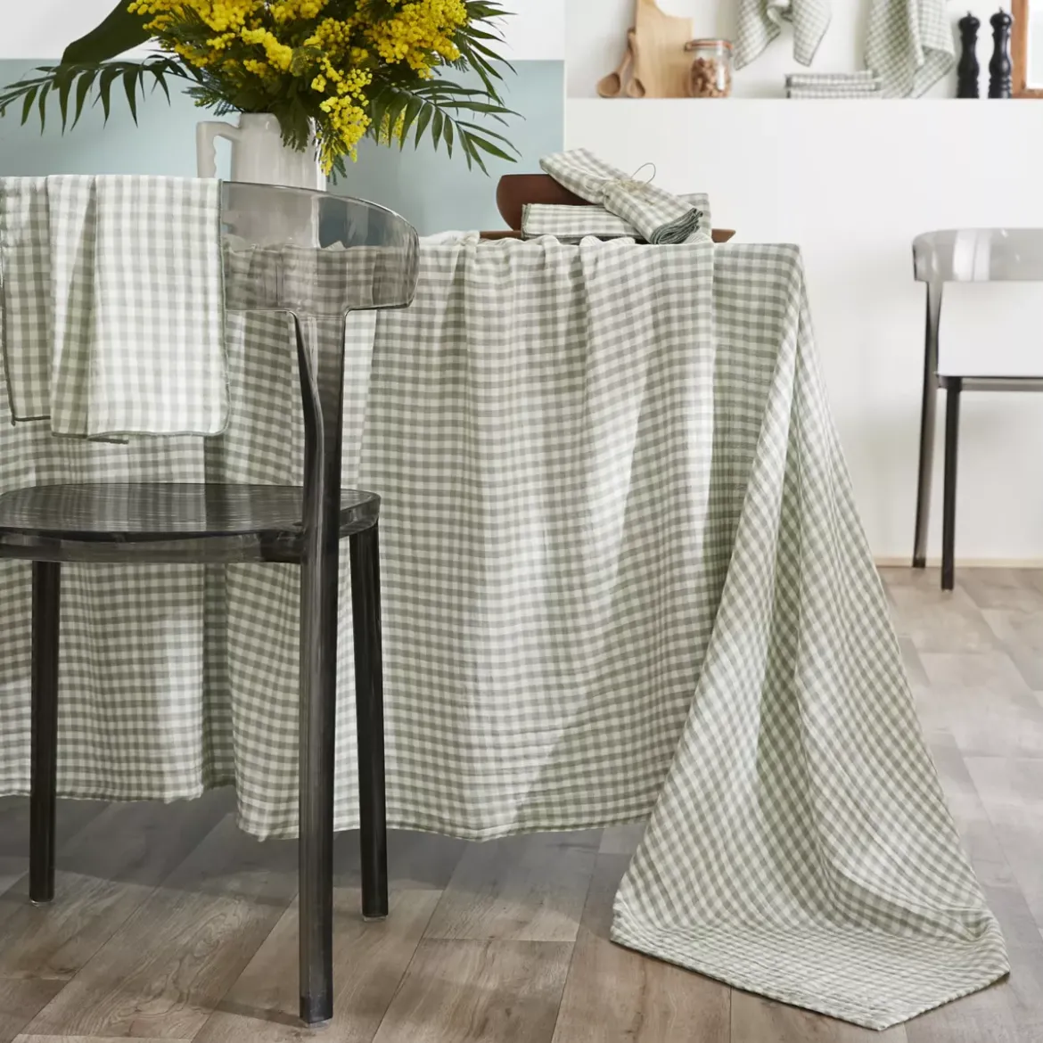Tovaglia rettangolare in garza di cotone (150 x 350 cm) Gaïa vichy Verde eucalipto